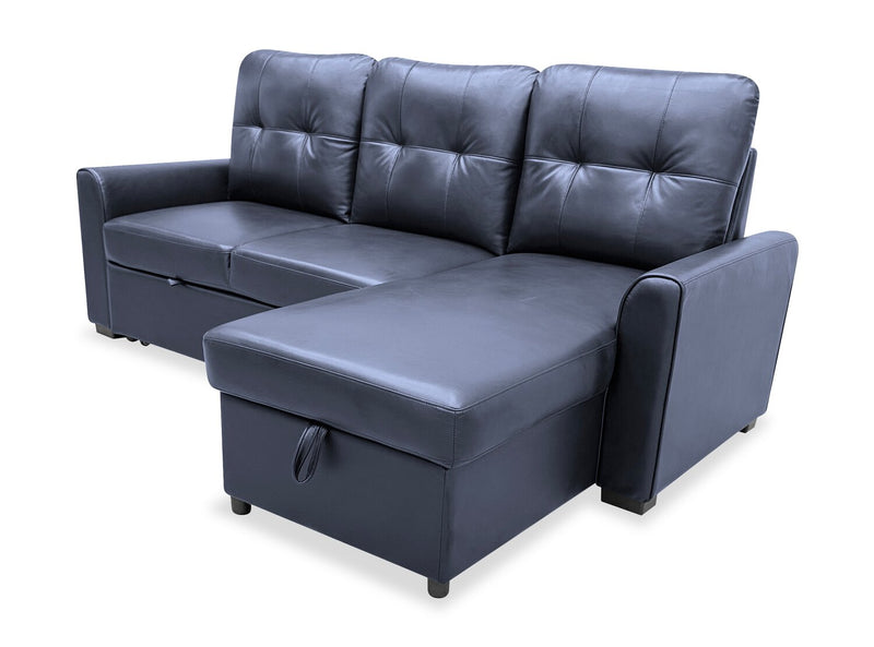 Sofa-lit sectionnel de droite Carter 2 pièces en tissu d’apparence cuir avec fauteuil long de rangement - noir
