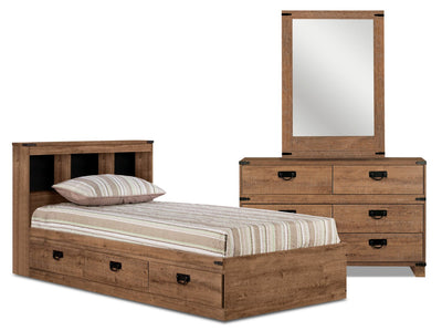 Driftwood Mates Bed 5pc Set with Storage Headboard, Dresser & Mirror, Brown - Twin Size | Ensemble lit matelot Driftwood 5 pièces avec tête de lit de rangement, commode et miroir, brun - format lit simple