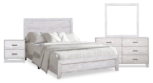 Ensemble de chambre à coucher Arbor 6 pièces bois de grève blanc avec lit à panneaux, commode, miroir et table de nuit - format lit double