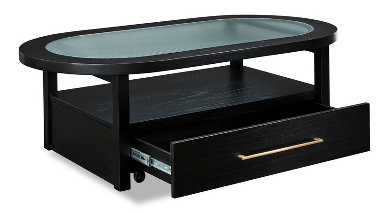 Table à café contemporaine Julian de 52 po en verre avec rangement et roulettes - noire