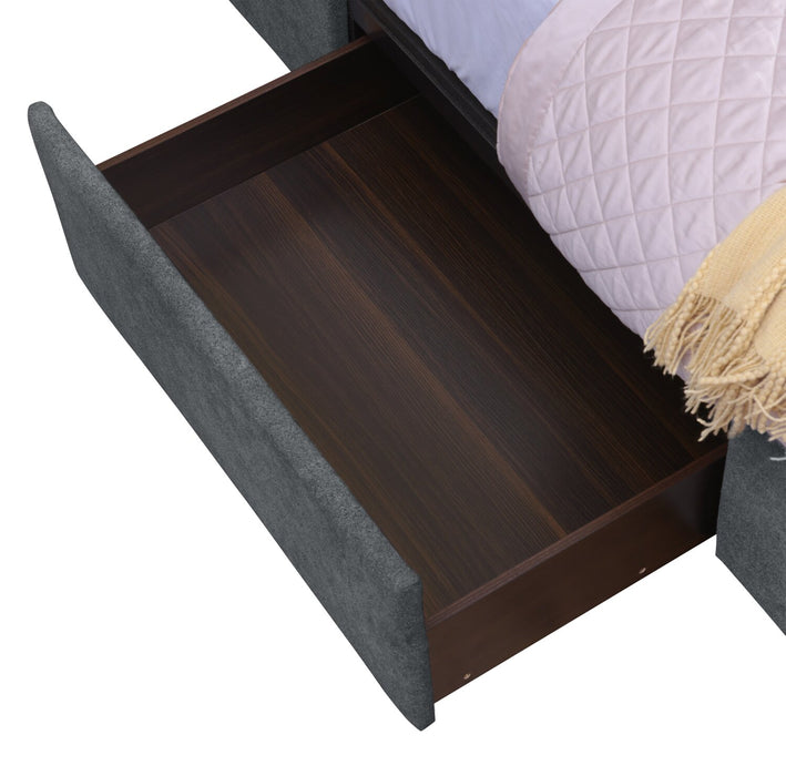 Lit de rangement Amos rembourré en tissu anthracite avec tête de lit capitonnée et 3 tiroirs intégrés - format très grand lit