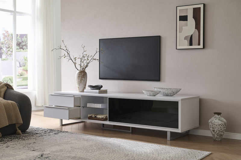 Meuble pour téléviseur moderne Amelia de 89 po x 22 po avec rangement et système de gestion des câbles pour téléviseurs jusqu’à 100 po - deux teintes, blanc et noir
