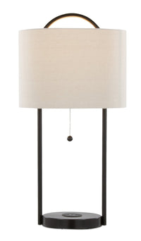 Lampe de table Orbit de 28 po en métal avec recharge sans fil et abat-jour en lin naturel – bronze huilé
