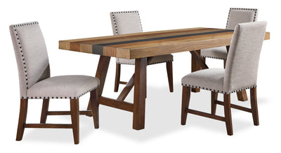 Boden 5pc Dining Set with Table & 4 Nailhead Trim Chairs, Trestle Base, 78"W - Brown & Beige | Ensemble de salle à manger Boden 5 pièces avec table de 78 po (L), base à tréteaux et 4 chaises à bordure de clous décoratifs - brun et beige