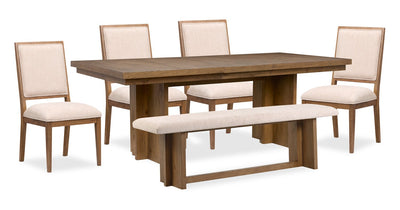 Scott Living Henri 6pc Dining Set with Table, Bench & Chairs, 66-84"W Extension, Wood - Brown & Cream | Ensemble de salle à manger Henri de Scott Living 6 pièces en bois avec table, rallonge de 66 po à 84 po (L), banc et chaises - brun et crème