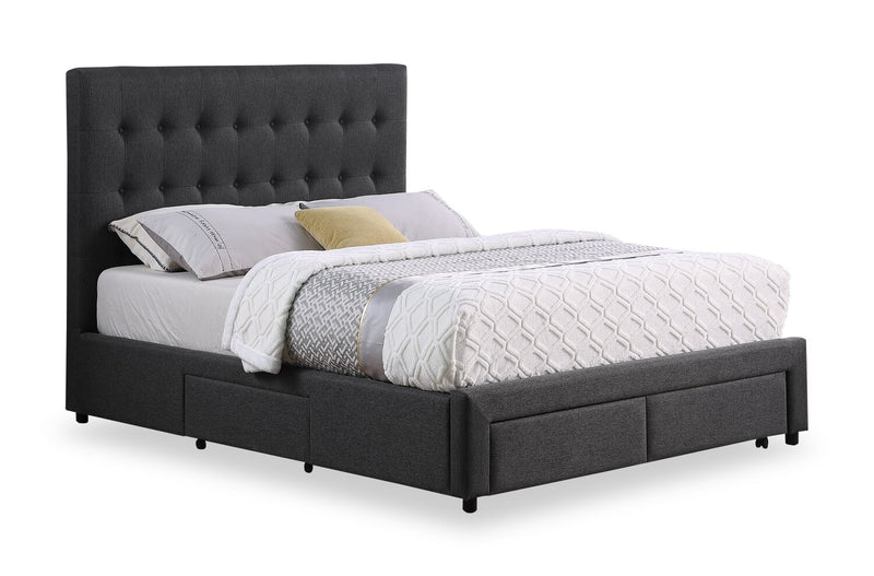 Lit rembourré Beck en tissu gris foncé avec rangement et capitonnage à boutons - format très grand lit