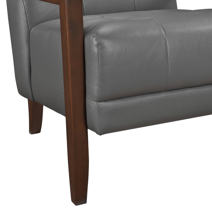 Fauteuil d’appoint Enzo de 26 po en cuir véritable avec capitonnage en biscuit, accoudoirs rectilignes et pattes en bois - gris foncé