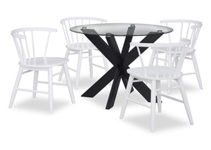 Ensemble de salle à manger Remi 5 pièces en verre et bois avec table ronde de 42 po (L) et 4 chaises à dossier à barreaux en forme de fuseau - noir et blanc