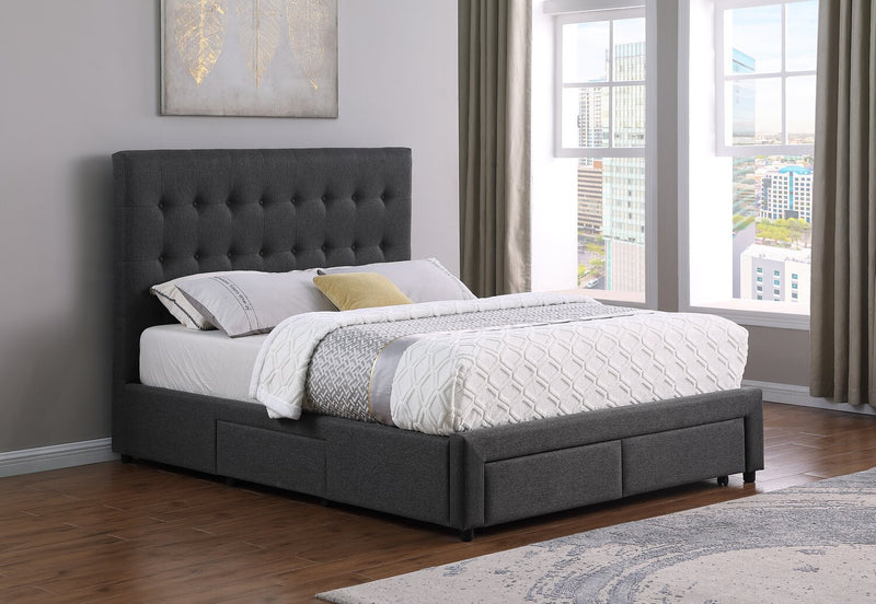 Lit rembourré Beck en tissu gris foncé avec rangement et capitonnage à boutons - format très grand lit