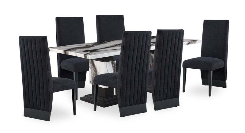 Ensemble de salle à manger Vega 7 pièces avec table de 82 po (L), imitation de marbre, base piédestal et 6 chaises - noir et blanc