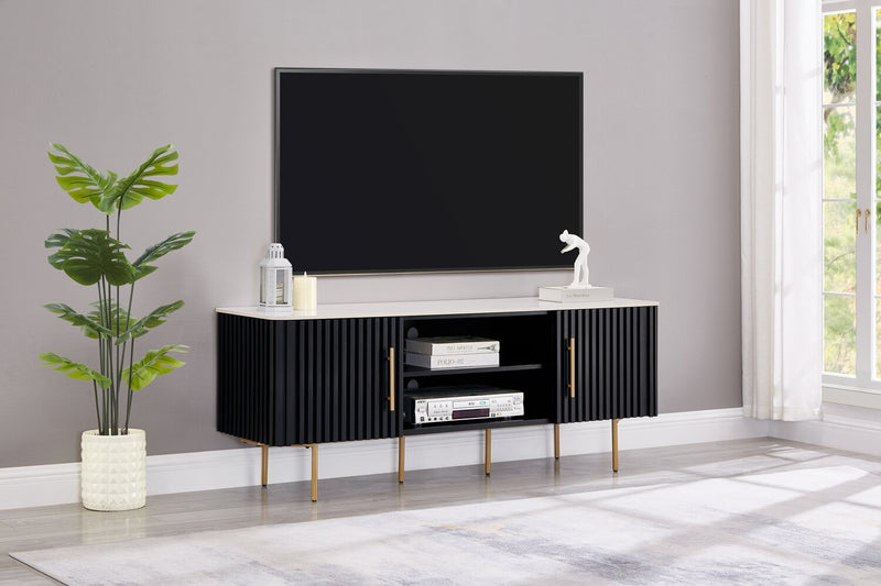Meuble pour téléviseur moderne Capri de Kort & Co. de 60 po avec dessus en pierre frittée blanche, rangement et système de gestion des câbles pour téléviseurs jusqu’à 65 po - noir et doré