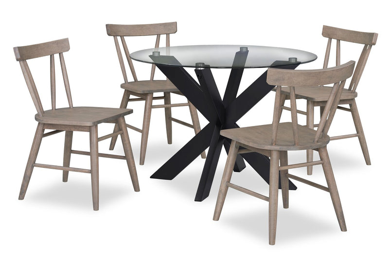 Ensemble de salle à manger Remi 5 pièces en verre et bois avec table ronde de 42 po (L) et 4 chaises à dossier à lattes - noir et brun