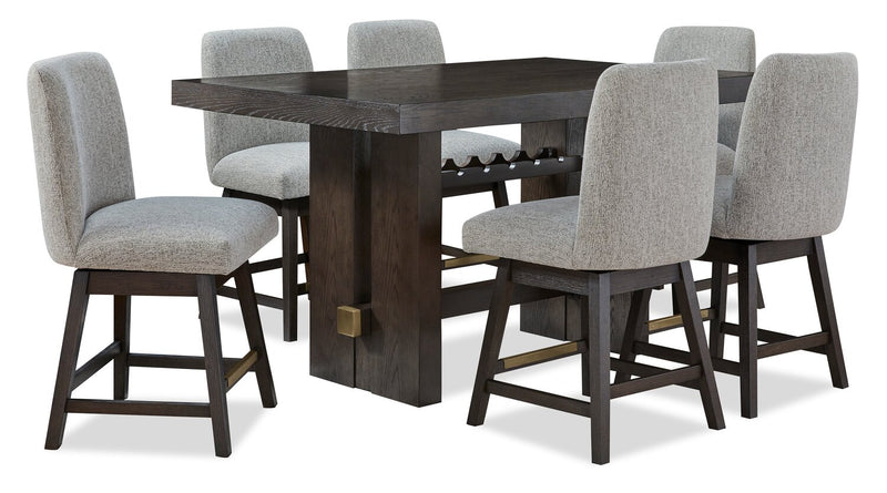 Ensemble de salle à manger Metro 7 pièces de hauteur comptoir avec table de 66 po (L), 6 chaises et support à vin intégré - brun et beige