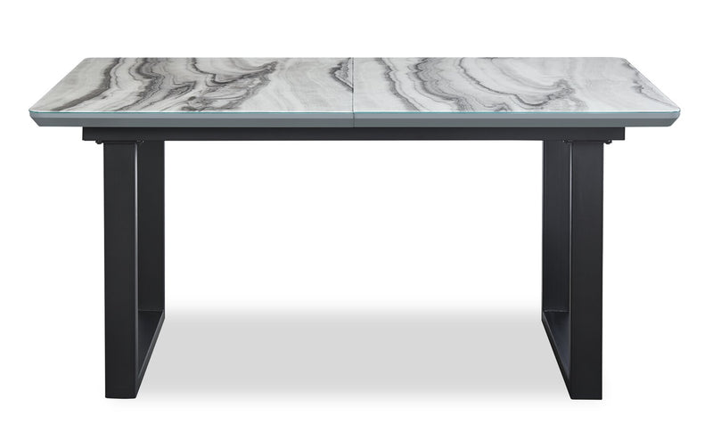 Table de salle à manger Ezra de 63 po à 79 po (L) avec rallonge papillon se rangeant, en métal, en verre et en imitation de marbre - blanche