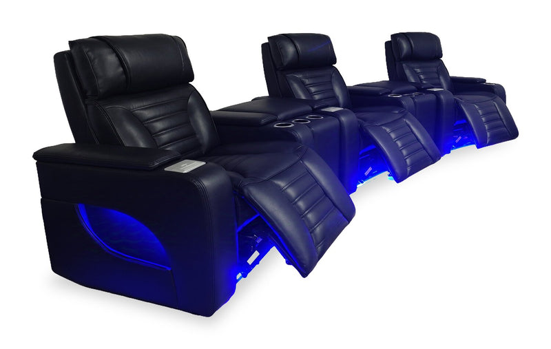 Sofa sectionnel à inclinaison électrique Zen 5 pièces de style cinéma maison en tissu d’apparence cuir avec massage et 2 consoles de rangement - noir