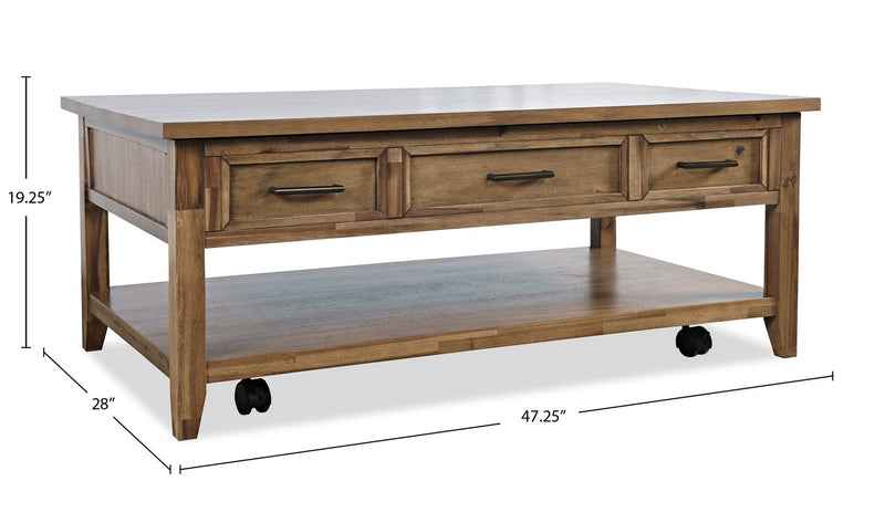 Table à café rustique Nathan de 47,25 po avec dessus relevable, rangement et roulettes - brun clair