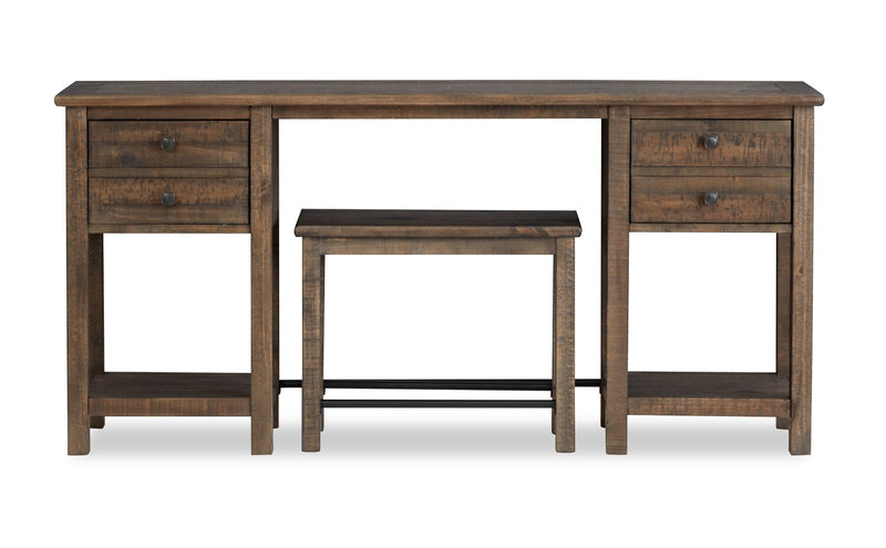 Table de salon Edwin de 64 po en pin champêtre avec rangement et tabouret - brun champêtre