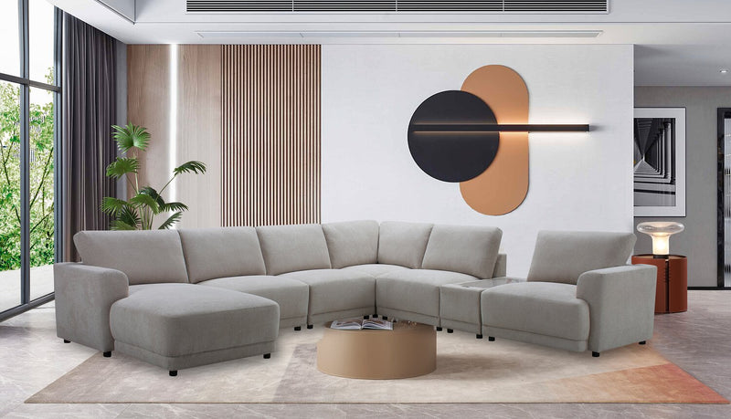 Sofa sectionnel modulaire de gauche Voyage 7 pièces en tissu avec console et coussins de dossier amovibles - beige