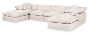 Sofa sectionnel modulaire Eclipse 6 pièces en tissu d’apparence lin avec poufs et coussins réversibles en duvet et plumes - blanc lin
