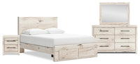  Ensemble de chambre à coucher Derekson 6 pièces blanc rustique avec lit de rangement, commode, miroir et table de nuit - format grand lit