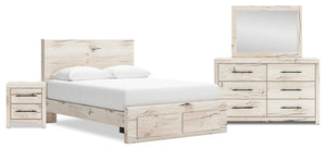 Ensemble de chambre à coucher Derekson 6 pièces blanc rustique avec lit de rangement, commode, miroir et table de nuit - format grand lit