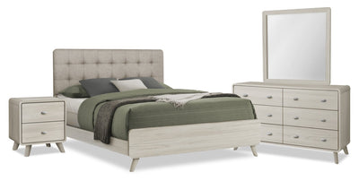 Cami 6pc Bedroom Set with Bed, Dresser, Mirror & Nightstand, Mid-Century Modern, Grey Oak - Queen Size | Ensemble de chambre à coucher de style moderne du milieu du 20e siècle Cami 6 pièces en chêne gris avec lit, commode - format grand lit