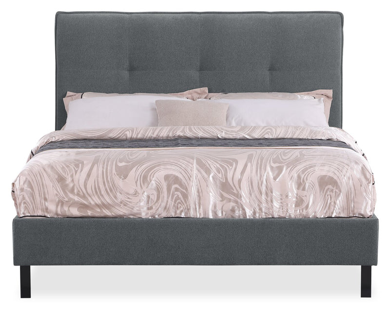 Lit plateforme Amos rembourré en tissu anthracite avec tête de lit capitonnée - format grand lit
