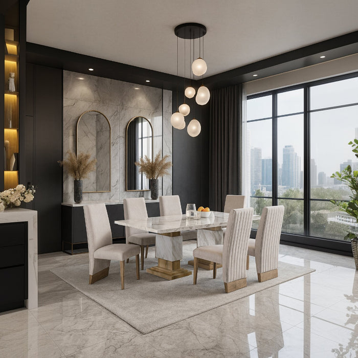 Ensemble de salle à manger Vega 7 pièces avec table de 82 po (L), imitation de marbre, base piédestal et 6 chaises - naturel et blanc