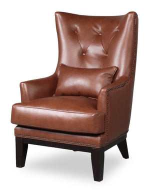 Fauteuil d’appoint Haden de 30 po en cuir véritable avec base en bois et bordure de clous décoratifs - brun pavé Sidekick