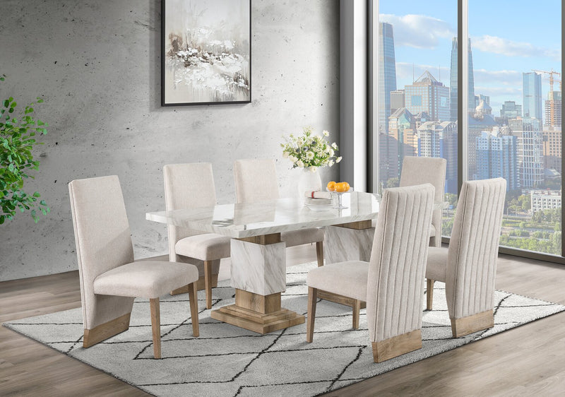 Ensemble de salle à manger Vega 7 pièces avec table de 82 po (L), imitation de marbre, base piédestal et 6 chaises - naturel et blanc