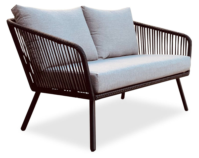 Ensemble de conversation Porto 4 pièces pour la terrasse à l’extérieur avec causeuse, 2 fauteuils et table à café - osier de type corde et métal, résistant aux rayons UV et aux intempéries - noir et gris