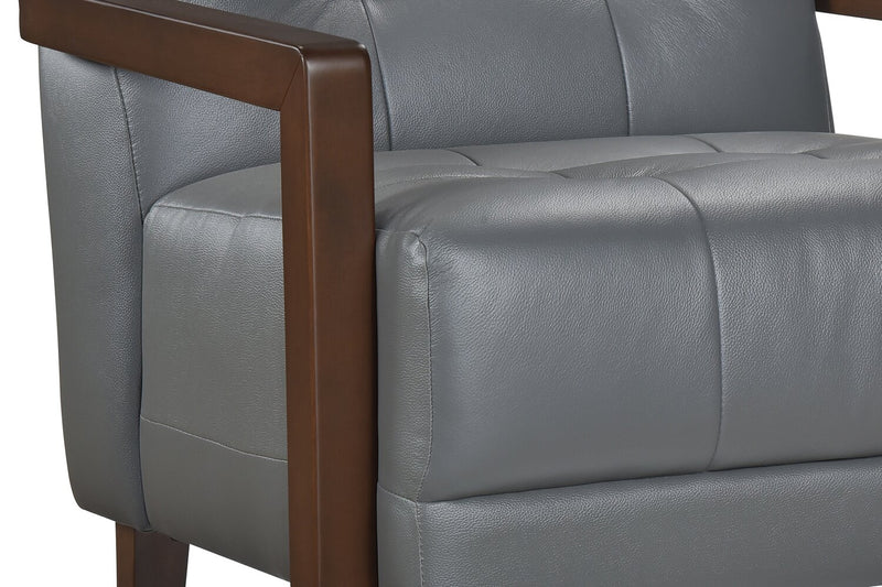 Fauteuil d’appoint Enzo de 26 po en cuir véritable avec capitonnage en biscuit, accoudoirs rectilignes et pattes en bois - gris foncé
