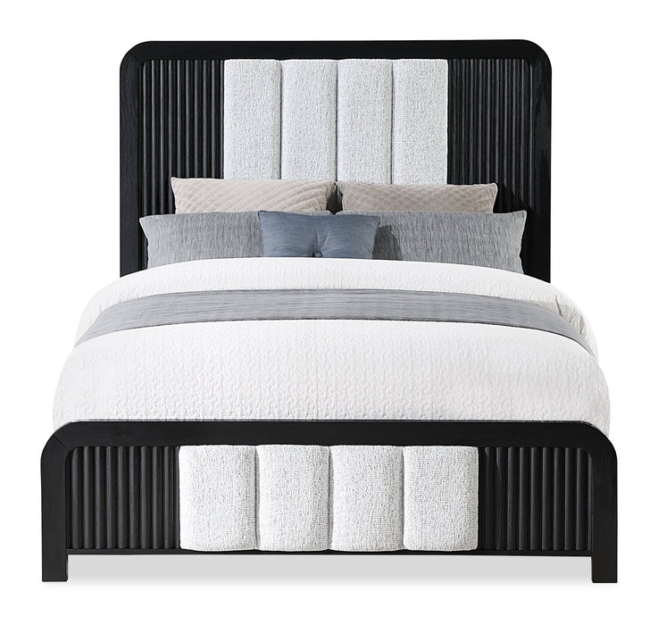 Lit à panneaux moderne Kaleo noir avec tête de lit, cadre de lit, éclairage à DEL et panneaux en tissu - format grand lit