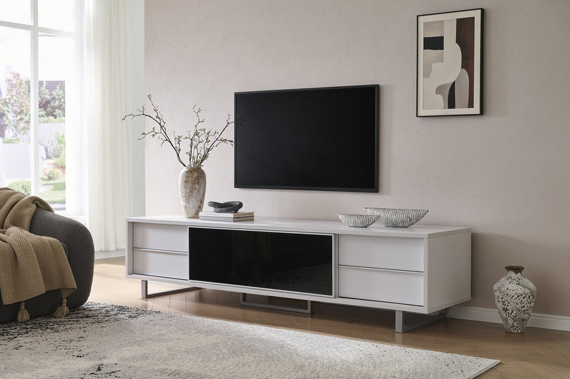 Meuble pour téléviseur moderne Amelia de 89 po x 22 po avec rangement et système de gestion des câbles pour téléviseurs jusqu’à 100 po - deux teintes, blanc et noir