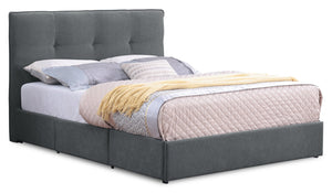 Lit de rangement Amos rembourré en tissu anthracite avec tête de lit capitonnée et 3 tiroirs intégrés - format très grand lit