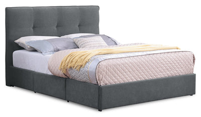 Amos Upholstered Storage Bed in Charcoal Fabric with Tufted Headboard & 3 Built-in Drawers - King Size | Lit de rangement Amos rembourré en tissu anthracite avec tête de lit capitonnée et 3 tiroirs intégrés - format très grand lit