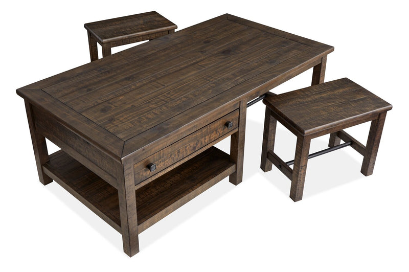 Table à café Edwin de 52 po en pin champêtre avec rangement et tabourets - brun champêtre