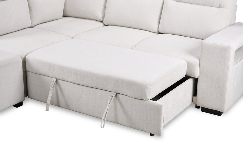 Sofa-lit sectionnel de gauche Coast 3 pièces en tissu blanc ivoire avec fauteuil long de rangement et accoudoir de rangement