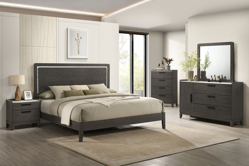 Ensemble de chambre à coucher Sable gris foncé 6 pièces avec lit, commode, miroir et table de nuit - format très grand lit