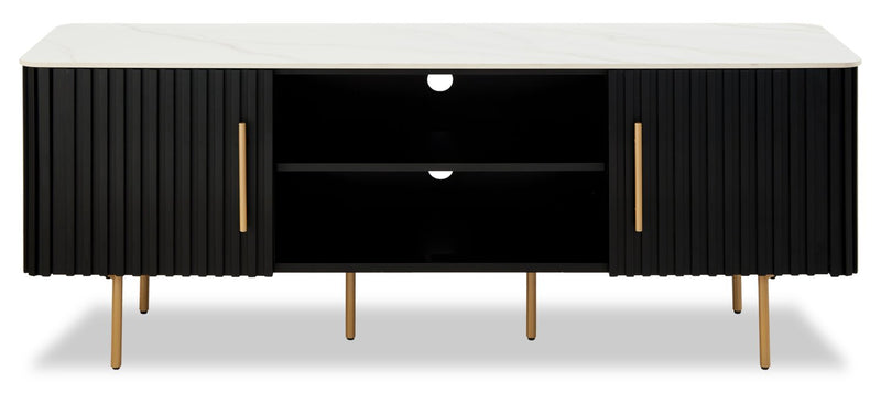 Meuble pour téléviseur moderne Capri de Kort & Co. de 60 po avec dessus en pierre frittée blanche, rangement et système de gestion des câbles pour téléviseurs jusqu’à 65 po - noir et doré