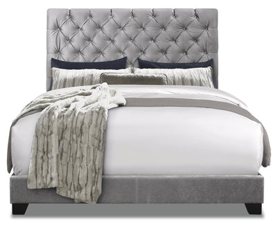 Candace Upholstered Bed in Velvet Grey Fabric, Button Tufted - Full Size | Lit rembourré Candace en tissu de velours gris avec capitonnage à boutons - format lit double
