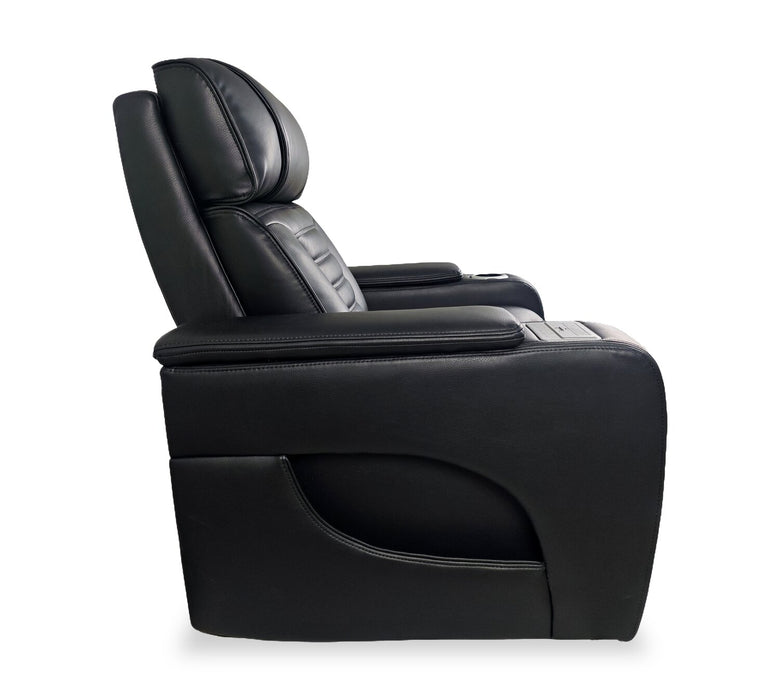 Sofa sectionnel à inclinaison électrique Zen 5 pièces de style cinéma maison en tissu d’apparence cuir avec massage et 2 consoles de rangement - noir
