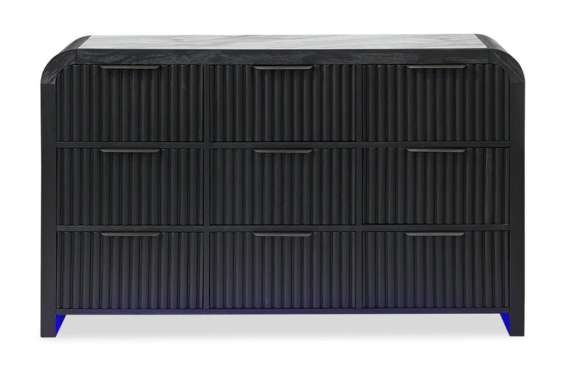 Ensemble de chambre à coucher moderne Kaleo noir 6 pièces avec lit, commode, miroir, table de nuit et éclairage à DEL - format très grand lit