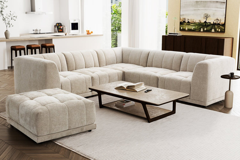 Sofa sectionnel modulaire Oaklyn 5 pièces en tissu avec coussins de siège capitonnés - beige