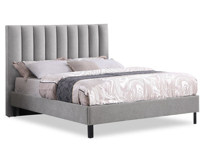 Amos Upholstered Platform Bed in Grey Fabric with Channelled Headboard - Queen Size | Lit plateforme Amos rembourré en tissu gris avec tête de lit à canaux - format grand lit