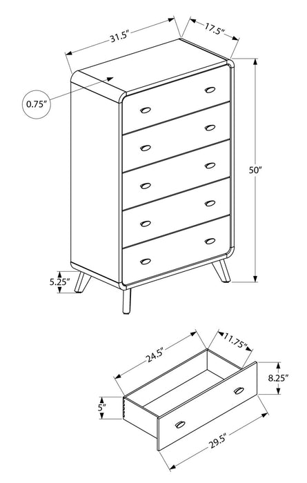 Commode verticale de chambre à coucher moderne du milieu du 20e siècle Cami de 31,5 po (l) x 50 po (H) à 5 tiroirs - chêne gris