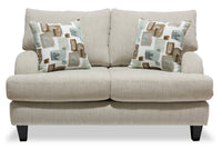  Causeuse Nofia de 58 po fabriquée au Canada en tissu de chenille avec 2 coussins décoratifs et pattes en bois - beige lin