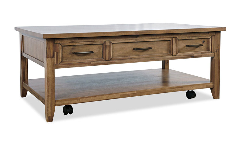 Table à café rustique Nathan de 47,25 po avec dessus relevable, rangement et roulettes - brun clair