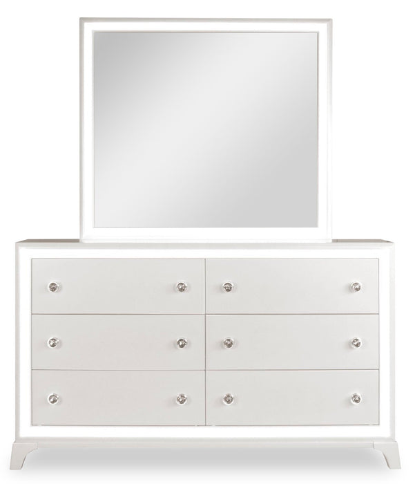 Ensemble de chambre à coucher Halo 6 pièces somptueux avec lit, commode, miroir, table de nuit et éclairage à DEL, blanc - format très grand lit