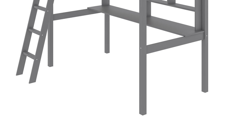 Lit mezzanine Brody gris avec bureau intégré, échelle et garde-corps pour enfants et adolescents - format lit simple